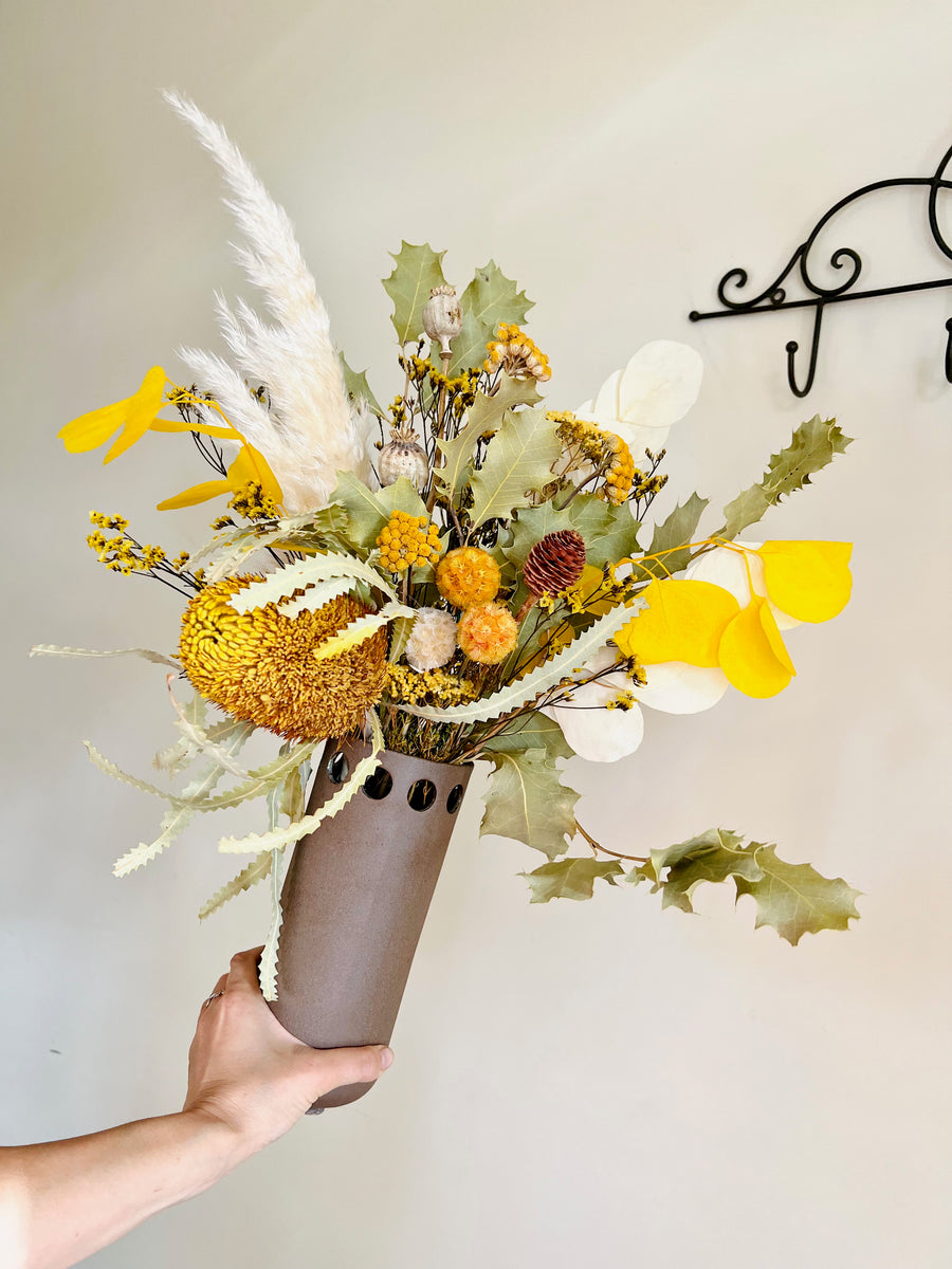 Sunny Banksia arrangement with vase [ML] preserved dried flowers