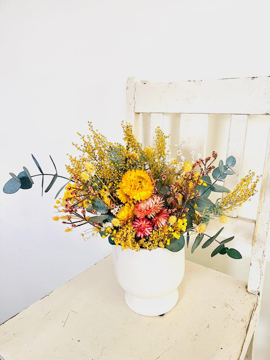 One Sunny Day arrangement with vase [M] preserved dried flowers, everlasting daisy, wattle