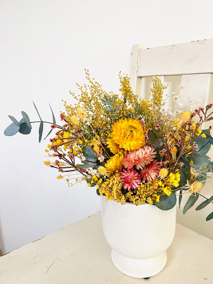 One Sunny Day arrangement with vase [M] preserved dried flowers, everlasting daisy, wattle