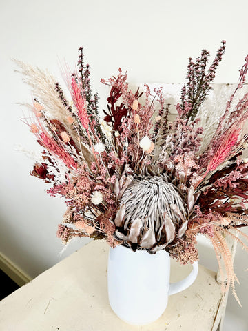 King Protea Pink Boho arrangement with vase [ML] preserved dried flowers