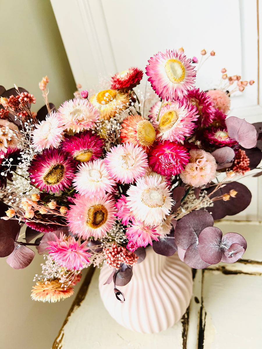 Sweetheart Pink Daisy vase arrangement [M] preserved dried flowers